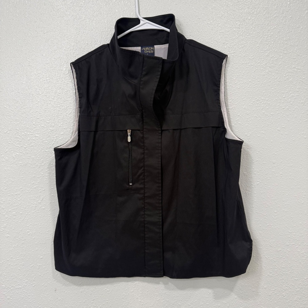Allison Daley Black Zip Front Mesh Lined Mock Neck Vest Womens Large